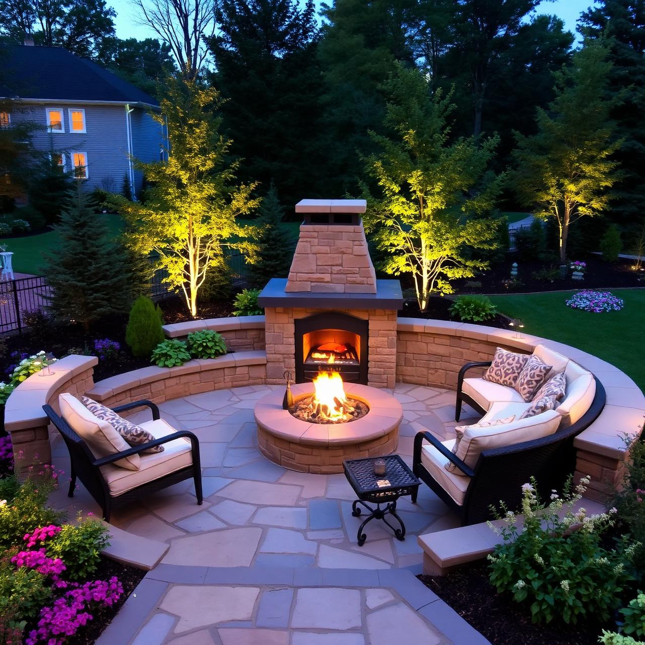 Stone patio with fireplace